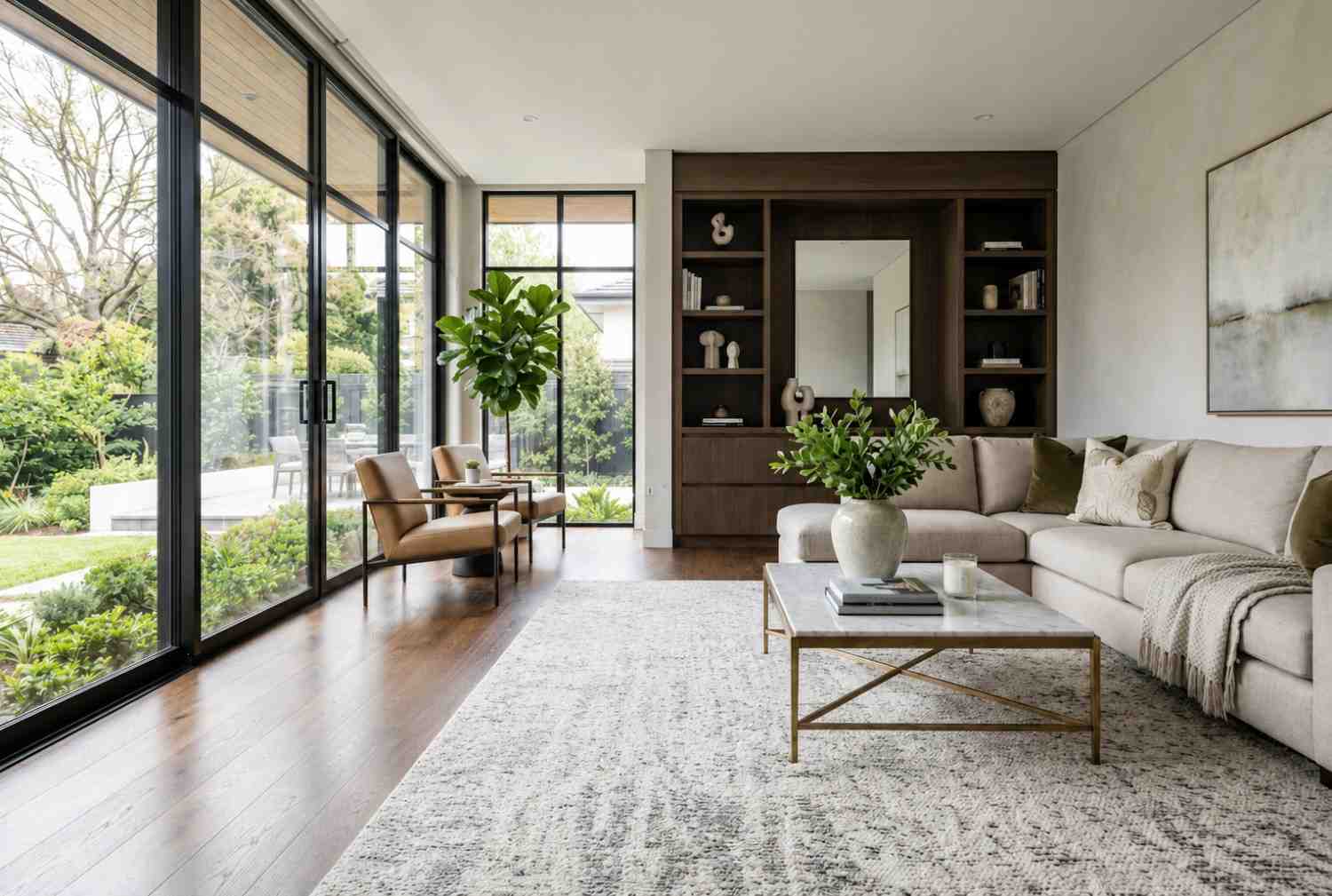 Professional house cleaning service in a modern luxury living room with floor-to-ceiling windows, hardwood floors, and contemporary furnishings. Vacuum cleaner and cleaning supplies prepared for residential deep cleaning, home maintenance, and premium interior housekeeping in an upscale home.
