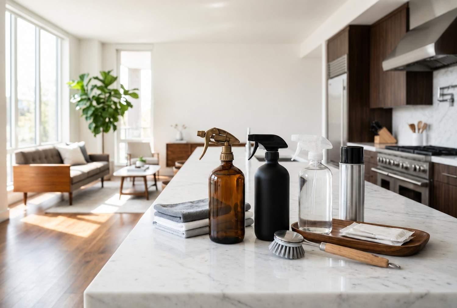 Professional eco-friendly cleaning products on a marble kitchen island in a modern luxury home. Natural household cleaners, microfiber cloths, and stainless steel polish displayed in a bright contemporary kitchen, highlighting residential cleaning services, home maintenance, and sustainable cleaning solutions.