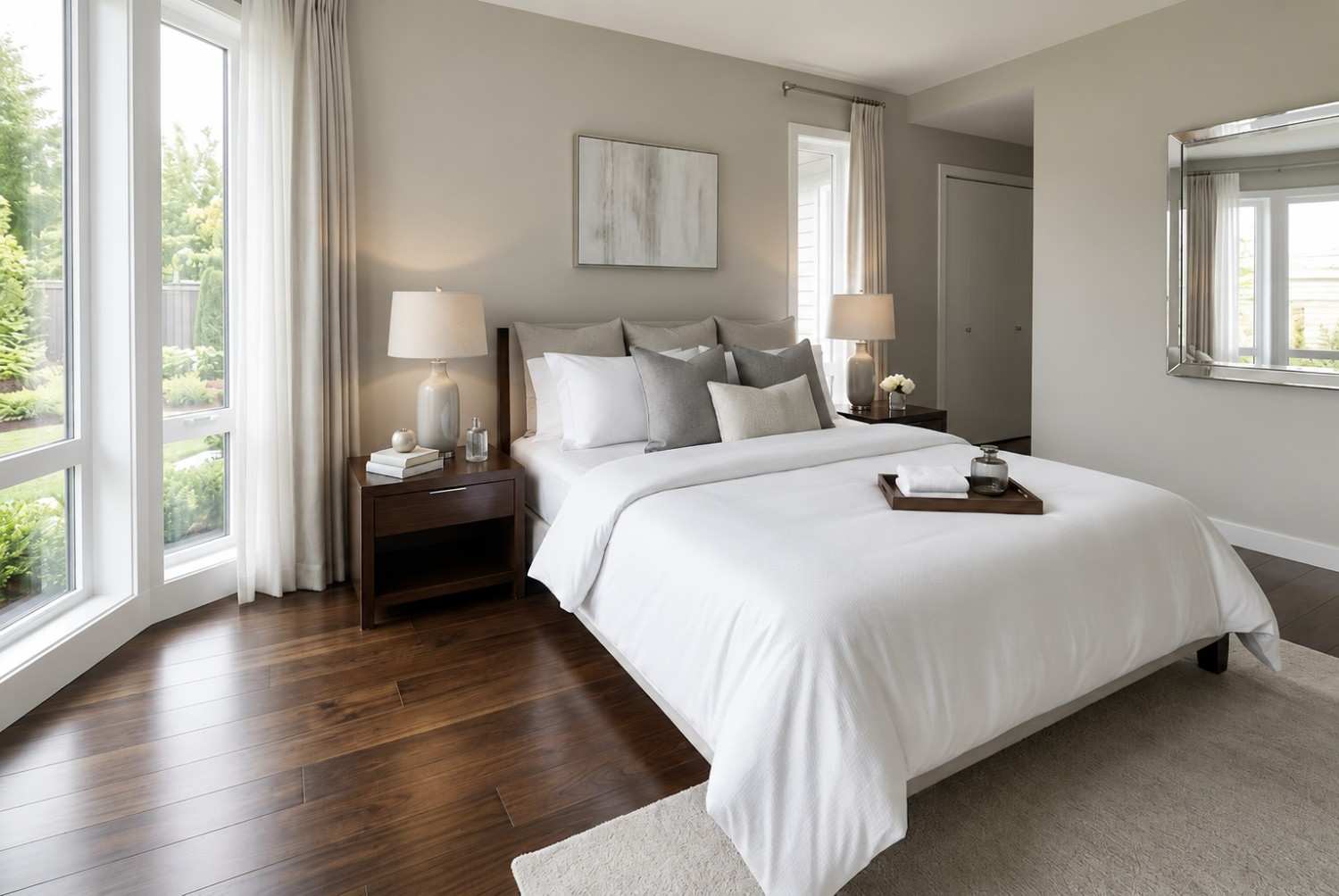 Professional bedroom cleaning service in a modern luxury bedroom with fresh white bedding, hardwood floors, large windows, and elegant décor. Cleaning supplies and housekeeping equipment highlight residential deep cleaning, maid services, home maintenance, and spotless interior presentation.