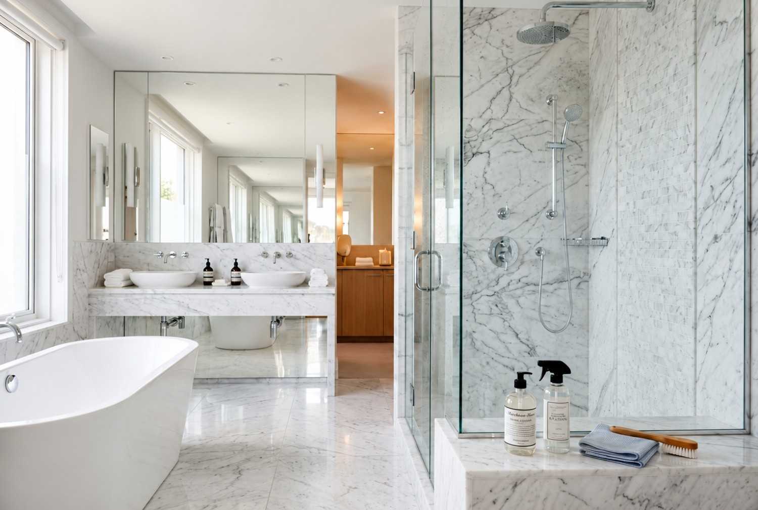 Luxury marble bathroom with a freestanding soaking tub, glass walk-in shower, dual vessel sinks, and premium stone finishes. Spa-inspired bathroom interior featuring natural light, modern design, and professional bathroom cleaning products, showcasing high-end residential cleaning and luxury home maintenance.
