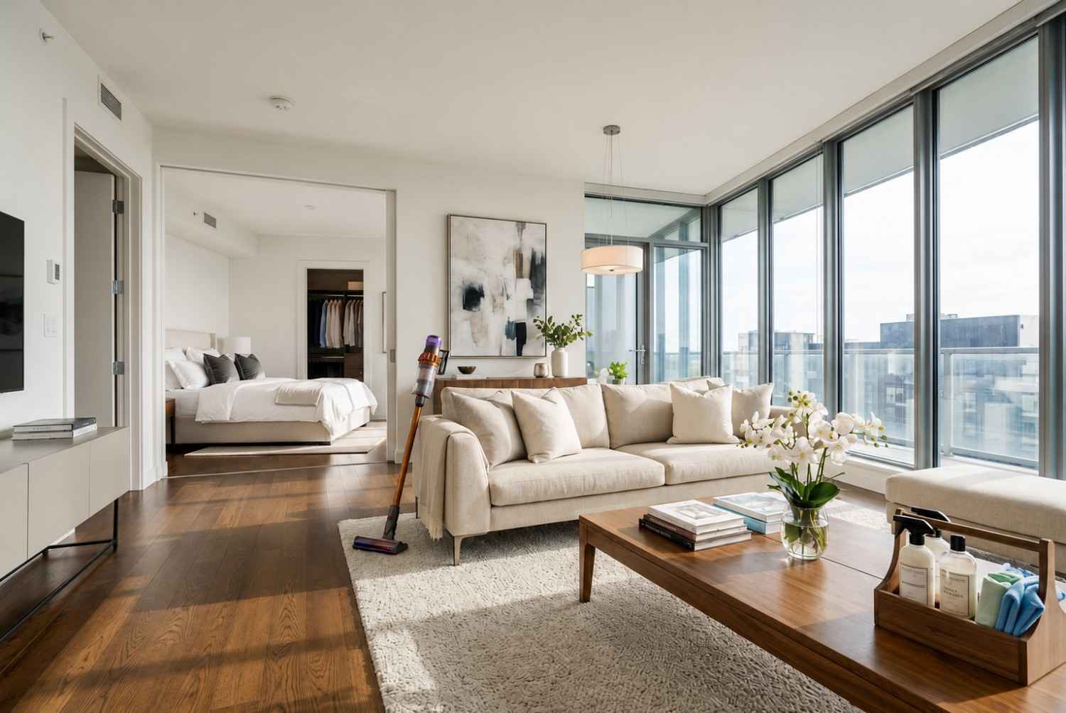 Professional apartment cleaning service in a modern luxury condo with floor-to-ceiling windows, hardwood floors, and contemporary furnishings. Vacuum cleaner and eco-friendly cleaning products highlight residential deep cleaning, maid services, home maintenance, and premium housekeeping in an upscale urban living space.