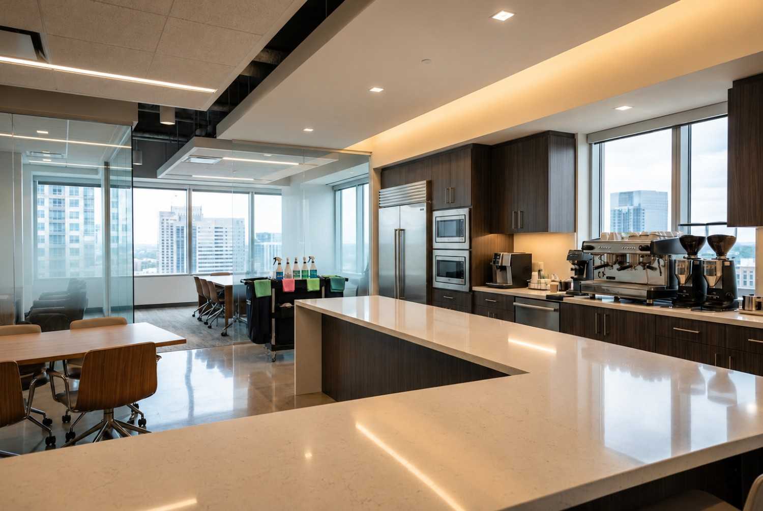 Professional office kitchen cleaning service in a modern corporate break room with quartz countertops, coffee station, glass conference rooms, and city views. Cleaning cart and sanitation supplies highlight commercial janitorial services, workplace hygiene, office maintenance, and employee common area cleaning.