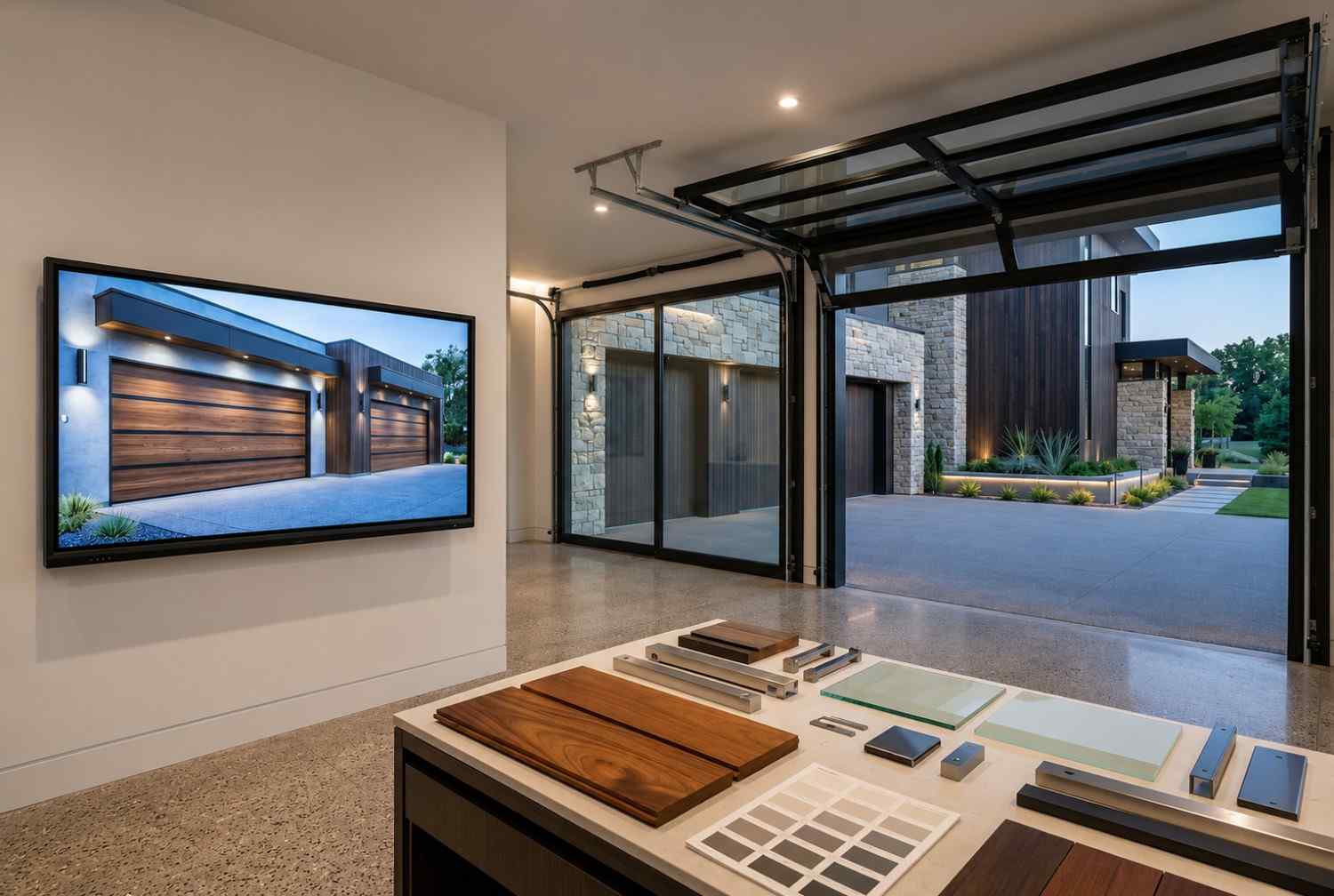 Custom garage door showroom featuring modern wood garage door designs, premium material samples, glass panel options, and architectural hardware displays. Luxury garage door installation and customization center showcasing contemporary residential garage solutions, high-end home exteriors, and custom garage door design services.