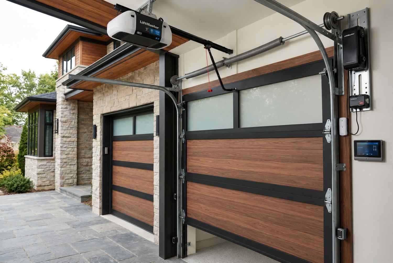 Professional garage door technician performing smart garage door diagnostics and maintenance using a digital tablet in a luxury home garage. Modern garage door opener, automated access system, garage door repair services, and preventive maintenance showcase advanced residential garage technology and expert installation support.