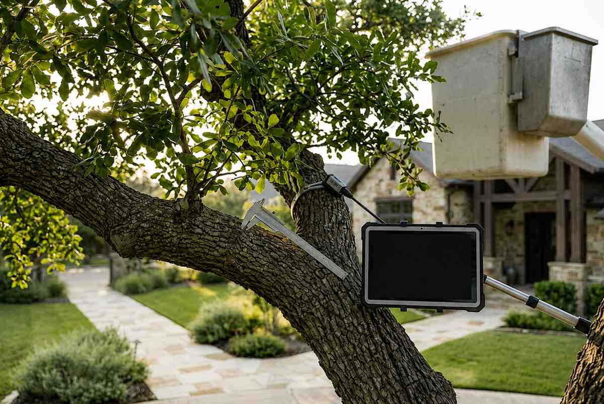 Certified arborist performing advanced tree health assessment using digital diagnostics and canopy monitoring technology on a mature oak tree. Professional tree care service, tree risk assessment, disease detection, and structural analysis help preserve tree health, improve safety, and protect residential landscape investments.