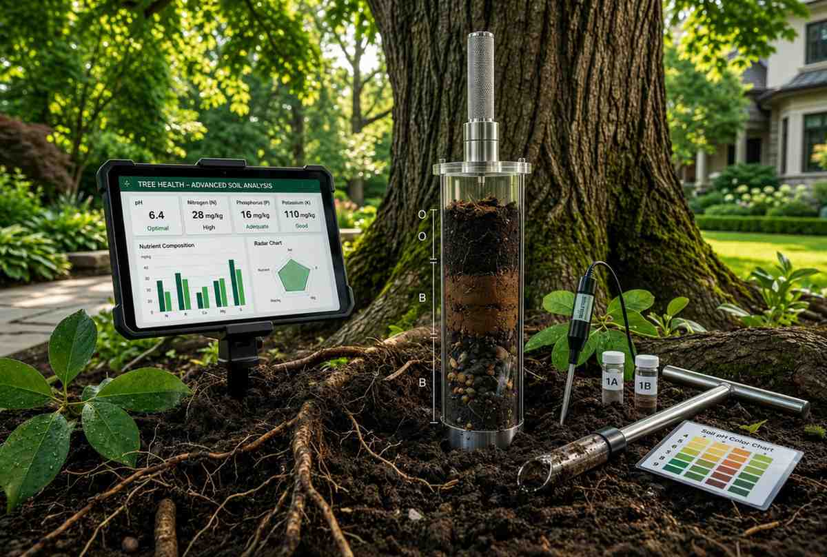 Advanced soil testing and tree health analysis at the base of a mature oak tree using digital diagnostics and soil core sampling. Professional arborist services, root zone assessment, nutrient analysis, and tree care monitoring help improve tree health, landscape sustainability, and long-term property value.