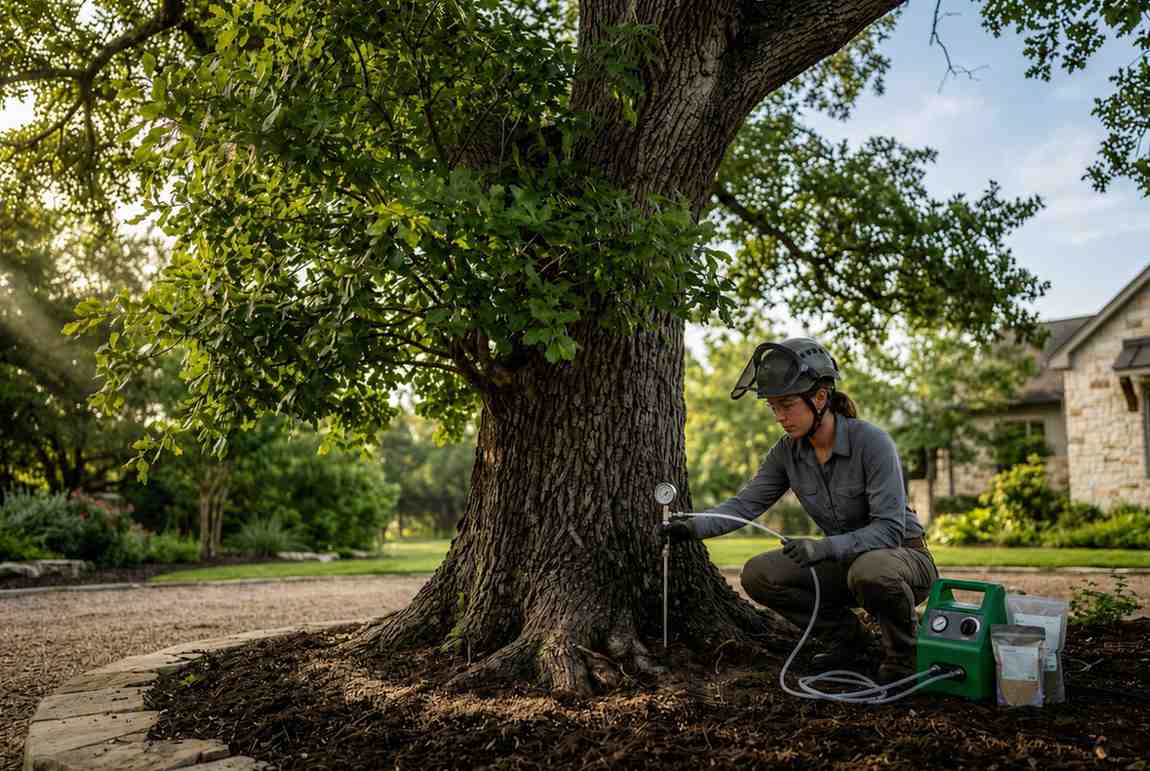 Certified arborist performing tree health assessment and soil injection treatment on a mature oak tree in a residential landscape. Professional tree care services, root zone management, soil conditioning, and preventive tree maintenance help improve tree vitality, disease resistance, and long-term property value.