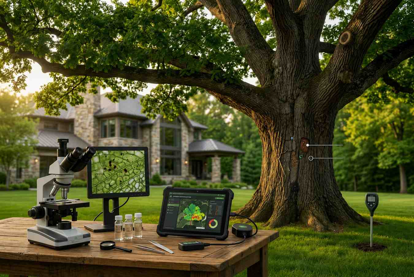 Advanced tree disease diagnosis and health monitoring for a mature oak tree using laboratory analysis, microscopy, and digital arborist technology. Professional tree care services include disease detection, trunk health assessment, tree risk evaluation, and preventive treatments to preserve valuable landscape trees and property value.