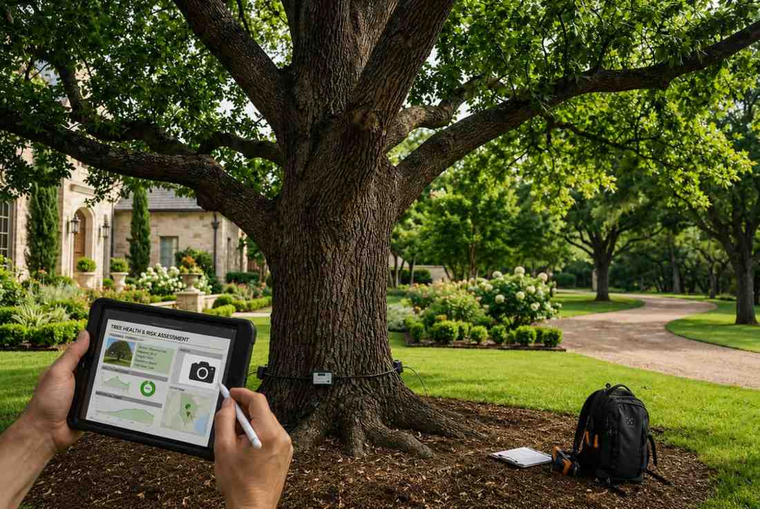 Certified arborist conducting a professional tree health assessment on a mature oak tree using digital diagnostics and monitoring equipment. Expert tree inspection, risk assessment, disease detection, and preventive tree care services help improve tree health, ensure safety, preserve landscape value, and protect residential properties.