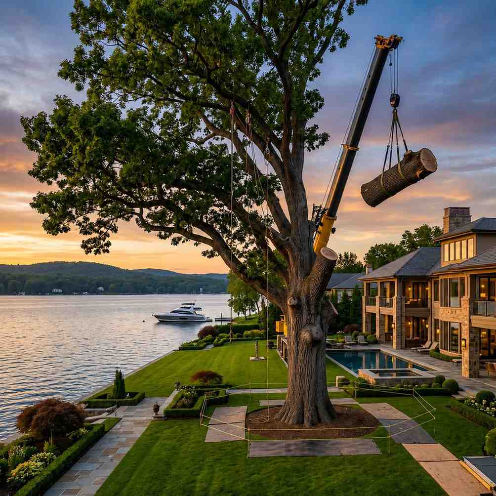 Crane-assisted tree removal beside a luxury waterfront home, featuring professional arborists safely lowering large tree sections, precision rigging, hazardous limb removal, mature tree management, and landscape protection with scenic lakefront views at sunset.