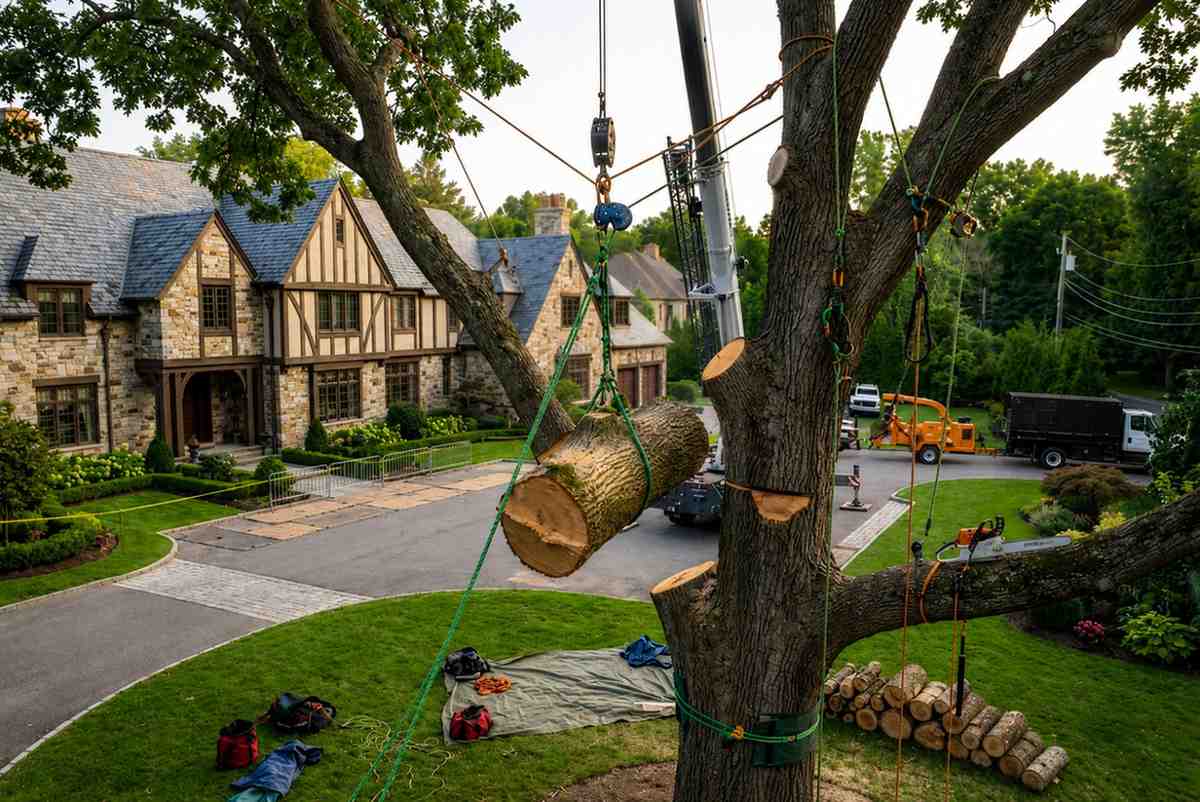 Professional crane-assisted tree removal service at a luxury residential property, safely lowering large tree sections with precision rigging, expert arborist techniques, hazardous limb removal, and property protection during mature tree dismantling.