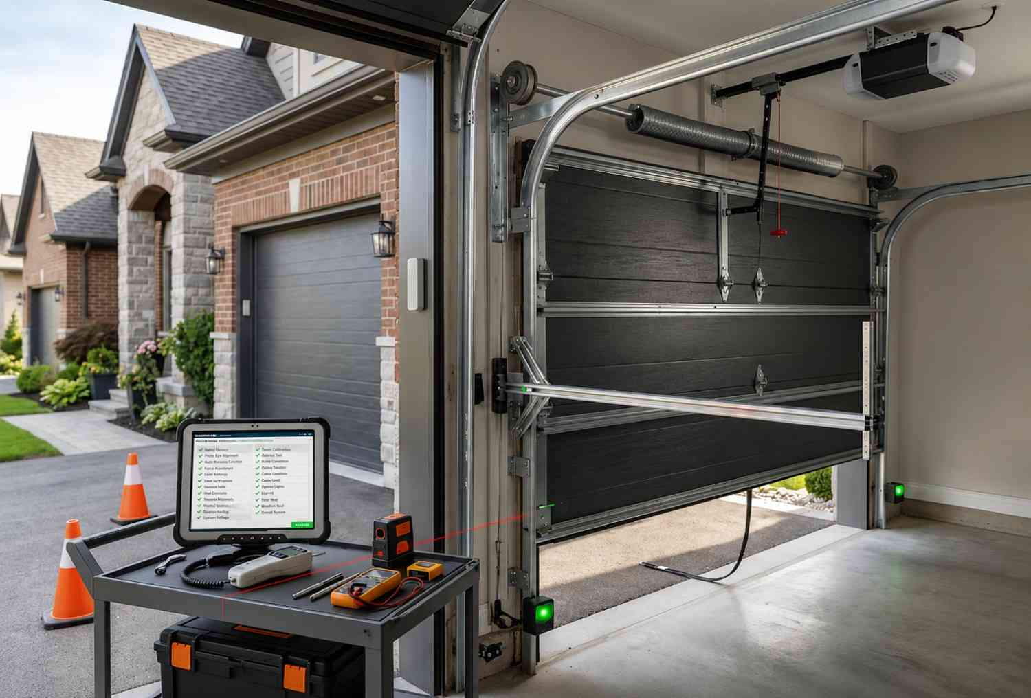 Professional garage door inspection and maintenance service with diagnostic equipment testing a modern sectional garage door opener. Residential garage repair, safety sensor calibration, preventive maintenance, and smart garage system troubleshooting for improved performance, security, and reliable operation.