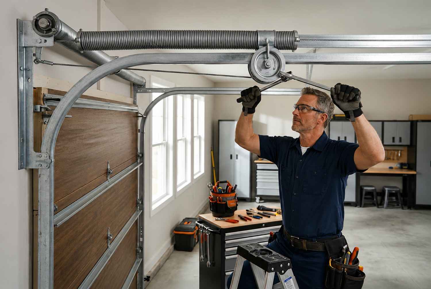 Professional garage door technician repairing a torsion spring system on a residential garage door. Expert garage door maintenance, spring replacement, and repair service using specialized tools to ensure safe operation, improved performance, and long-lasting reliability for homeowners.
