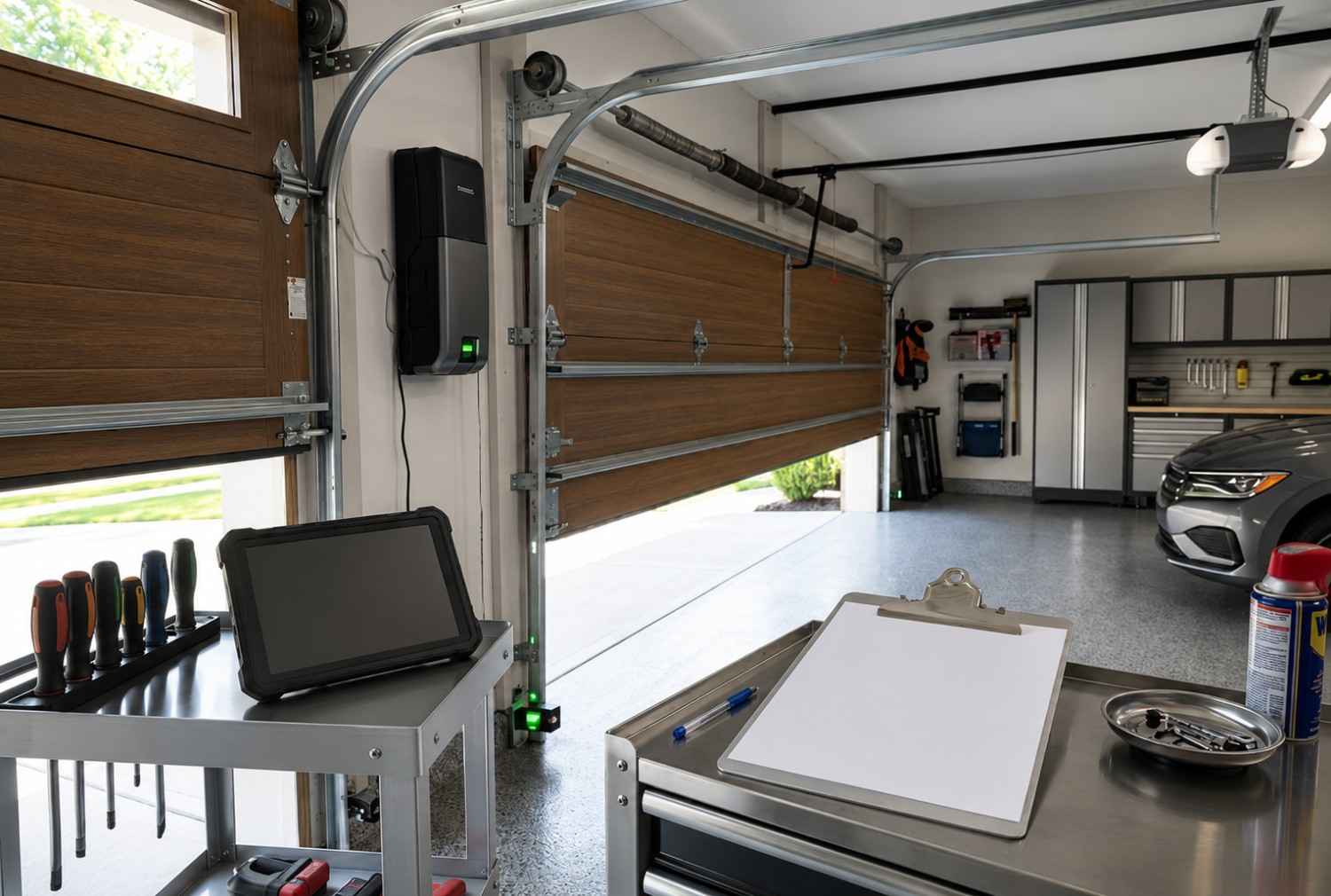 Residential garage door safety inspection and maintenance service featuring a modern garage door opener, diagnostic tablet, and professional checklist. Expert garage door repair, preventive maintenance, opener testing, and safety sensor inspection to ensure reliable performance, security, and smooth operation.