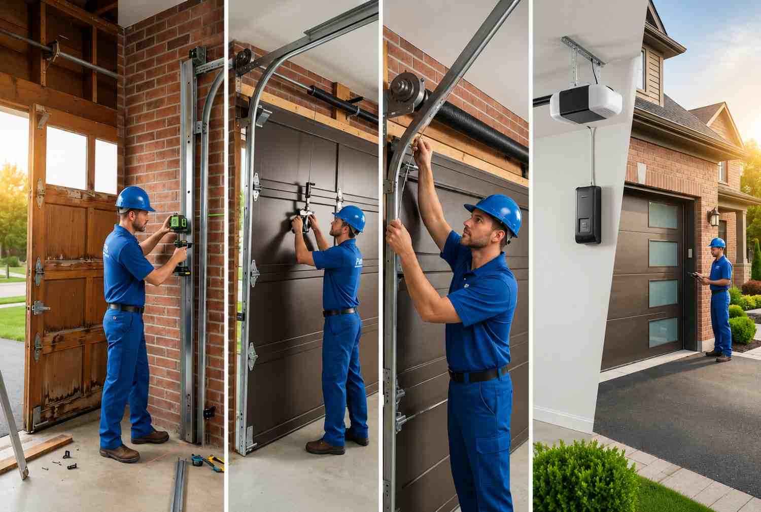 Step-by-step garage door installation and replacement service showing technicians upgrading an old garage door, installing tracks, torsion springs, and a smart garage door opener. Professional residential garage door repair, maintenance, and modernization improving safety, functionality, security, and curb appeal.