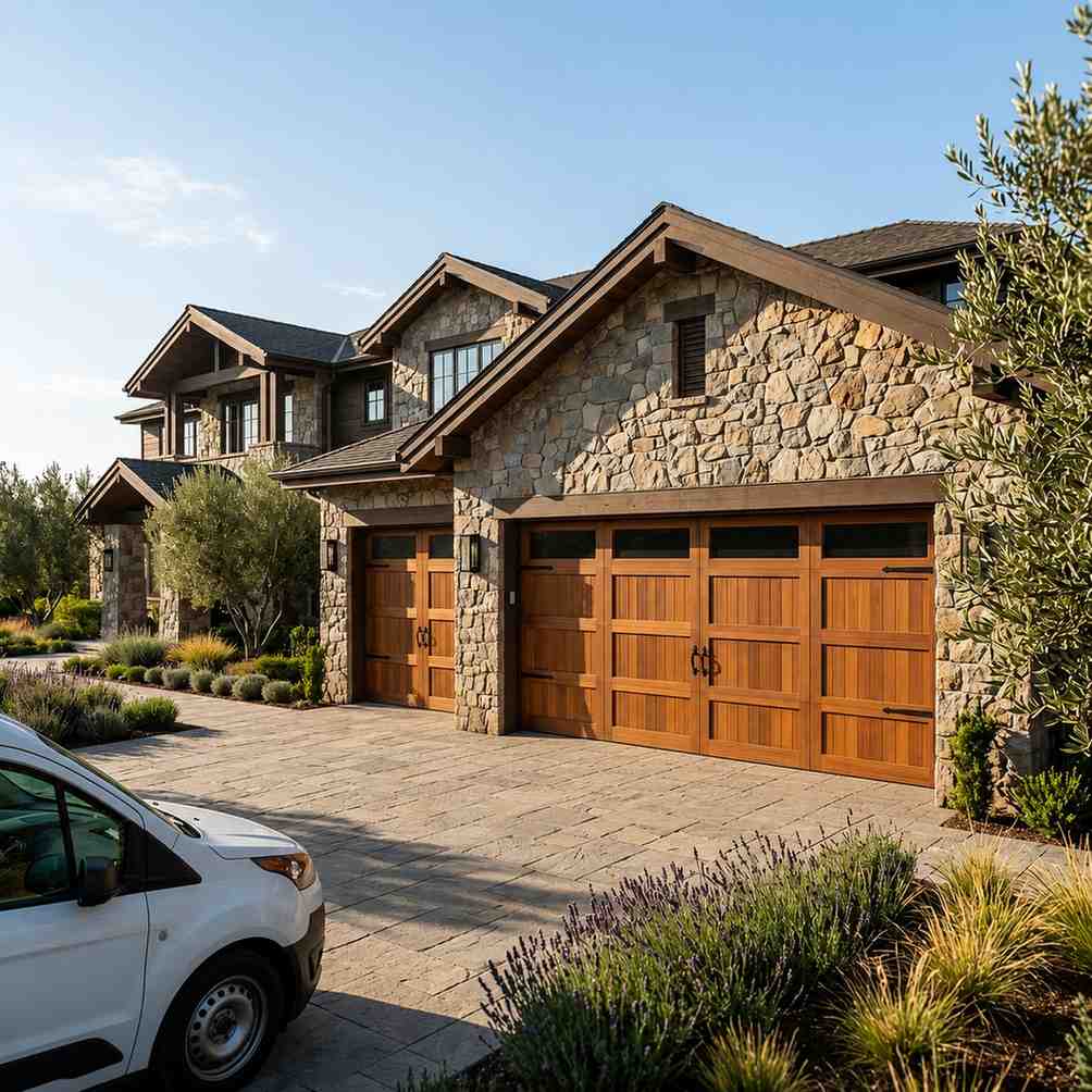 Luxury stone-clad home with custom carriage-style wooden garage doors, professional installation tools, and landscaped front yard. Premium residential garage door replacement project featuring rustic craftsmanship, enhanced curb appeal, durable garage door design, and high-end home exterior renovation.