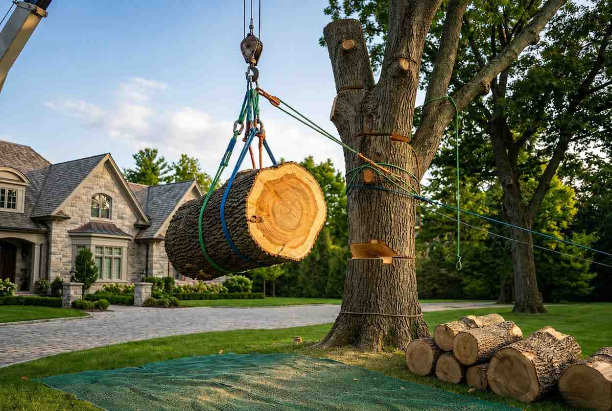 Professional tree removal service using a crane to lower a large cut tree trunk section in a residential front yard. Certified arborists safely dismantle a mature tree near a luxury home, showcasing expert tree cutting, crane-assisted tree removal, stump management, and residential landscaping maintenance for property safety and care.