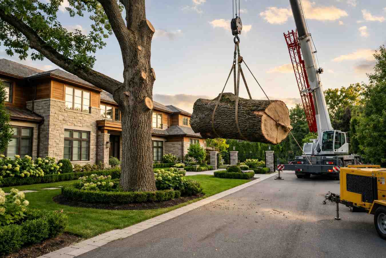 Certified arborists performing crane-assisted tree removal in a residential neighborhood. Professional tree service crew safely lowers a large tree trunk section while climbers work above. Heavy equipment, expert rigging, and advanced arborist techniques ensure safe tree cutting, hazardous tree removal, and property protection near luxury homes.