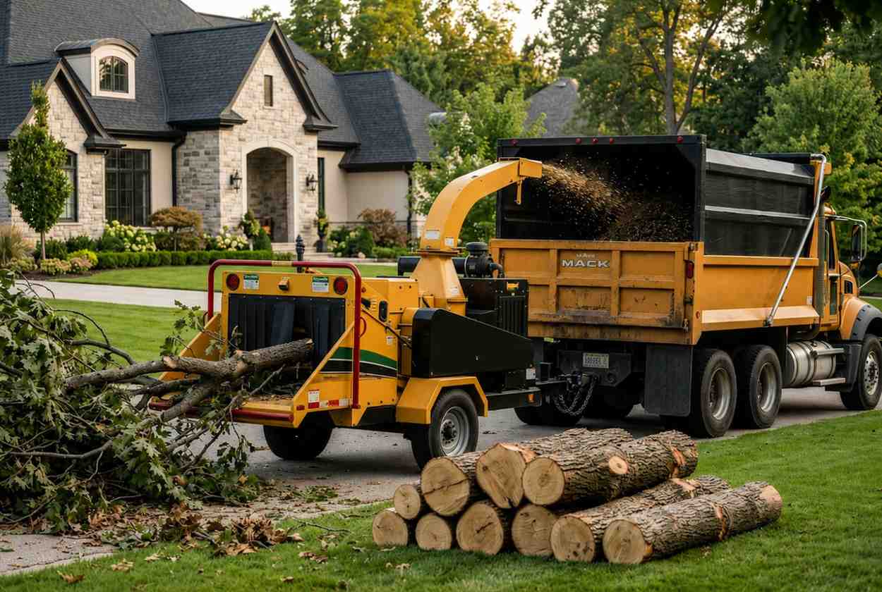 Professional tree service crew using a wood chipper and dump truck to process tree branches and debris during residential tree removal. Cut logs stacked on the lawn showcase efficient tree cleanup, brush chipping, storm damage removal, and expert arborist services that keep properties safe and well maintained.