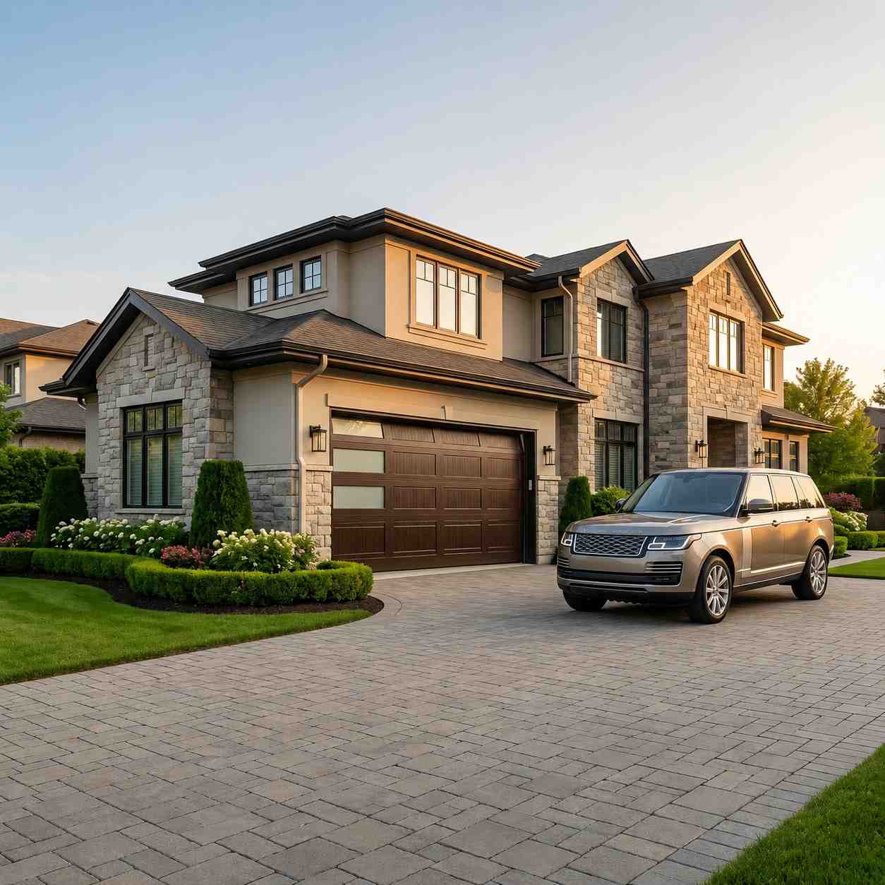 Modern luxury home with a custom overhead garage door and spacious driveway. Residential garage door installation enhances curb appeal, home security, and property value. Stylish insulated garage door system complements upscale architecture while providing smooth operation, energy efficiency, and reliable performance for contemporary residential garage solutions.