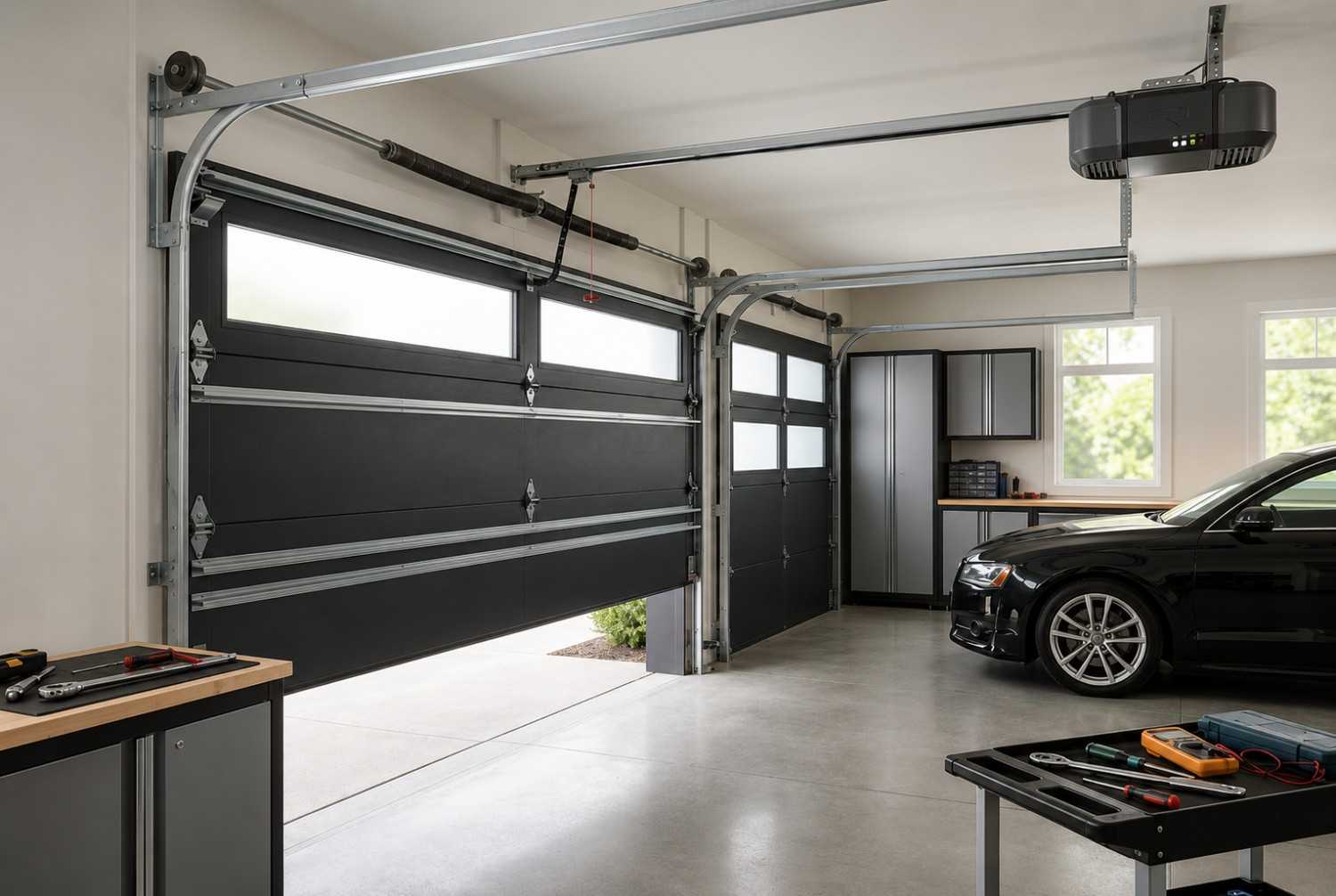 Professional garage door technician performing garage door inspection, alignment, and maintenance in a modern residential garage. Overhead garage door system features upgraded tracks, springs, opener, and safety sensors. Expert garage door repair services improve reliability, smooth operation, home security, and long-term performance for residential properties.