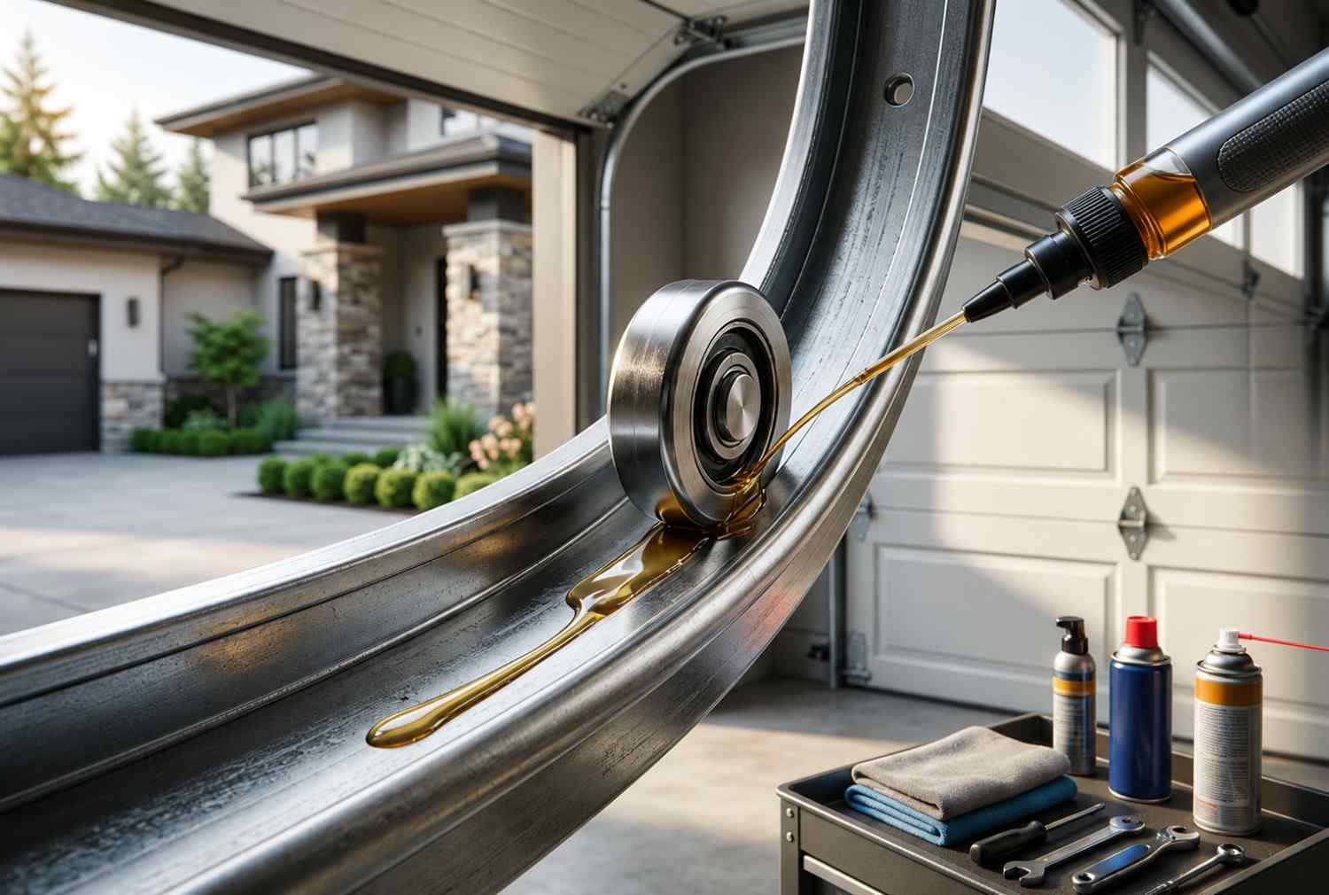 Close-up of professional garage door maintenance showing lubrication of a garage door roller and track system. Expert garage door repair service helps reduce noise, prevent wear, and ensure smooth operation. Regular garage door maintenance improves performance, extends component lifespan, and enhances residential garage door reliability and safety.