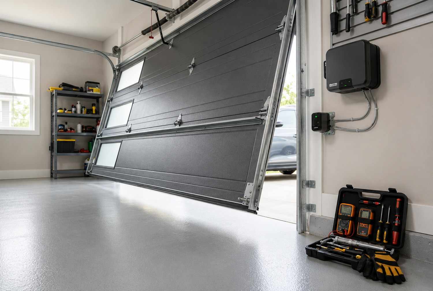 Professional garage door safety inspection showing a residential overhead garage door, smart opener system, safety sensors, and diagnostic tools. Expert garage door repair and maintenance services help ensure proper alignment, safe operation, and reliable performance. Regular garage door inspections improve security, functionality, and long-term system durability.