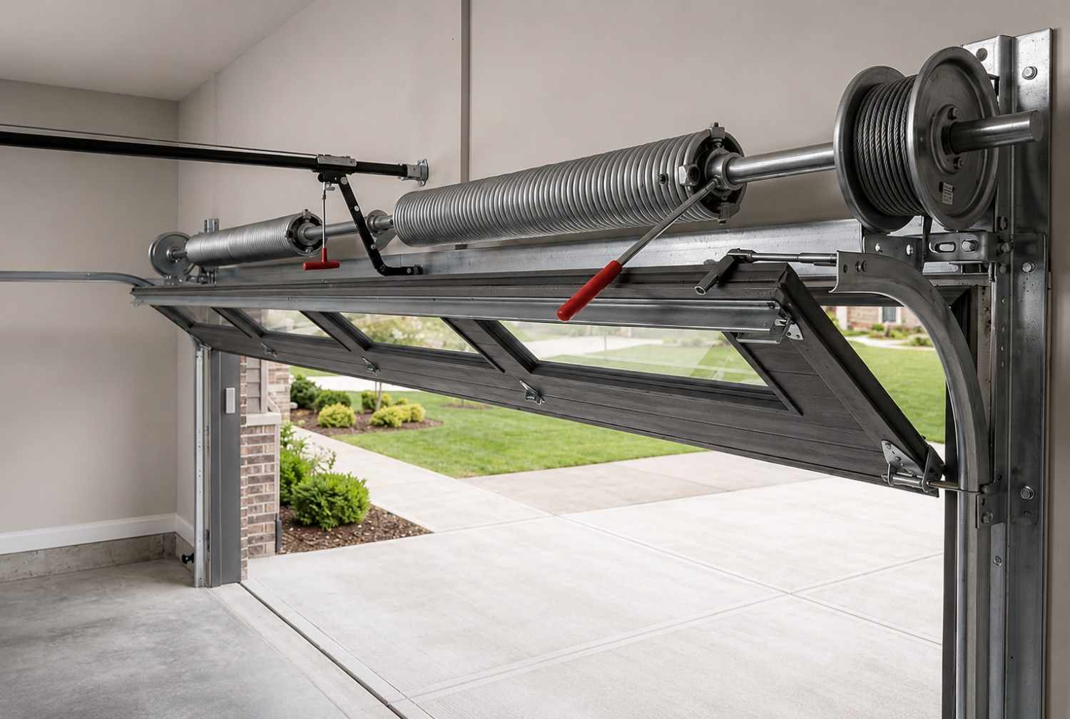 Professional garage door spring repair showing a torsion spring system, lifting cables, and overhead garage door hardware during maintenance. Expert garage door technicians perform spring replacement and system adjustments to improve safety, balance, and performance. Reliable garage door repair services help ensure smooth operation and long-term durability.