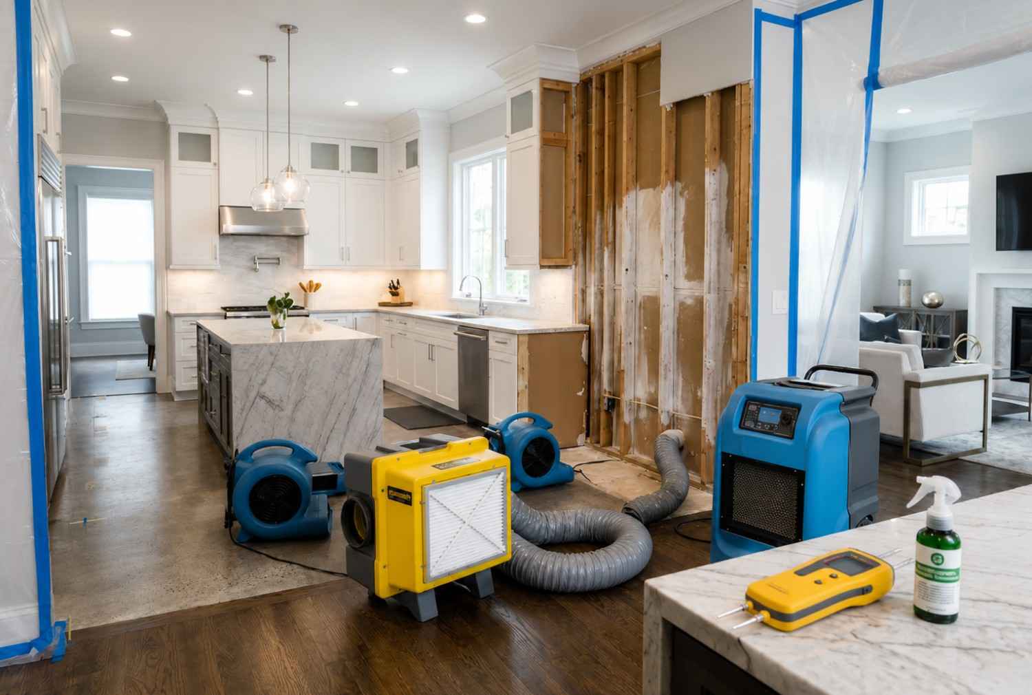 Professional water damage restoration and mold remediation setup in a residential kitchen following water intrusion. Commercial dehumidifiers, air movers, moisture meters, and containment barriers support structural drying and water damage cleanup. Expert restoration services help prevent mold growth, protect property, and restore homes after leaks or flooding.