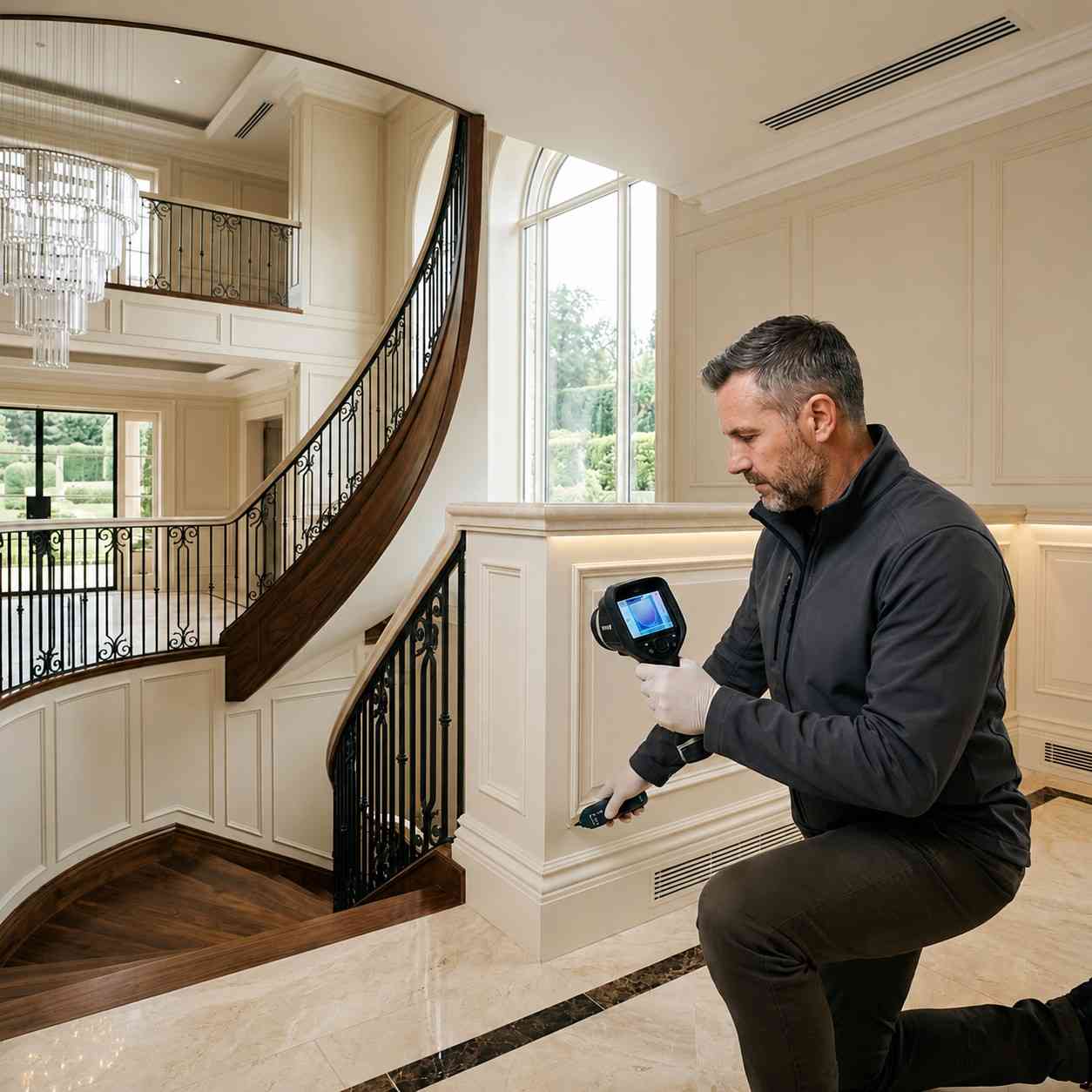 Certified moisture inspection specialist using a thermal imaging camera to detect hidden water damage in a luxury residential property. Advanced moisture detection and leak assessment help identify water intrusion behind walls and structural components. Professional water damage inspection services support mold prevention, property protection, and effective restoration planning.