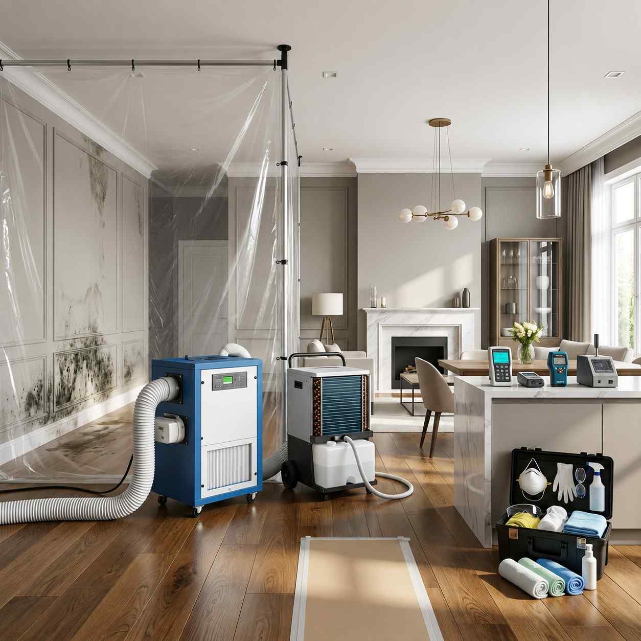 Professional mold remediation and water damage restoration in a residential living room with containment barriers, commercial dehumidifiers, air scrubbers, moisture meters, and drying equipment. Certified restoration technicians use advanced mold removal and structural drying techniques to improve indoor air quality, prevent mold growth, and restore property damage.
