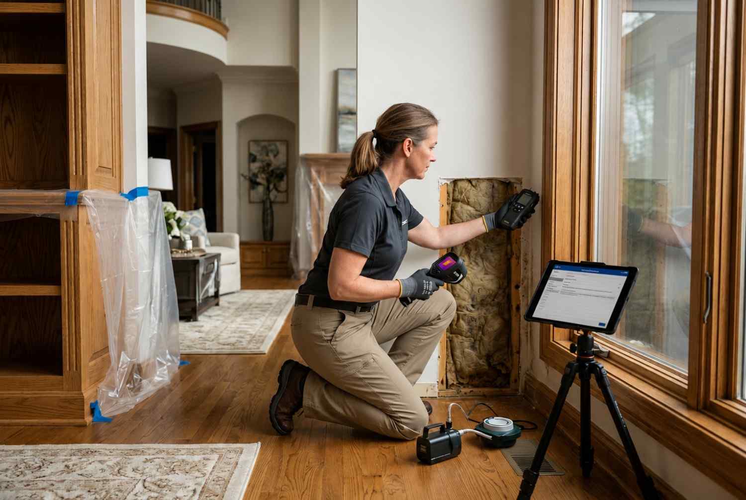 Certified water damage restoration technician performing moisture inspection inside a residential home using thermal imaging and moisture detection equipment. Professional leak detection, structural drying assessment, and property damage evaluation help identify hidden water intrusion, prevent mold growth, and support effective water damage restoration and remediation services.