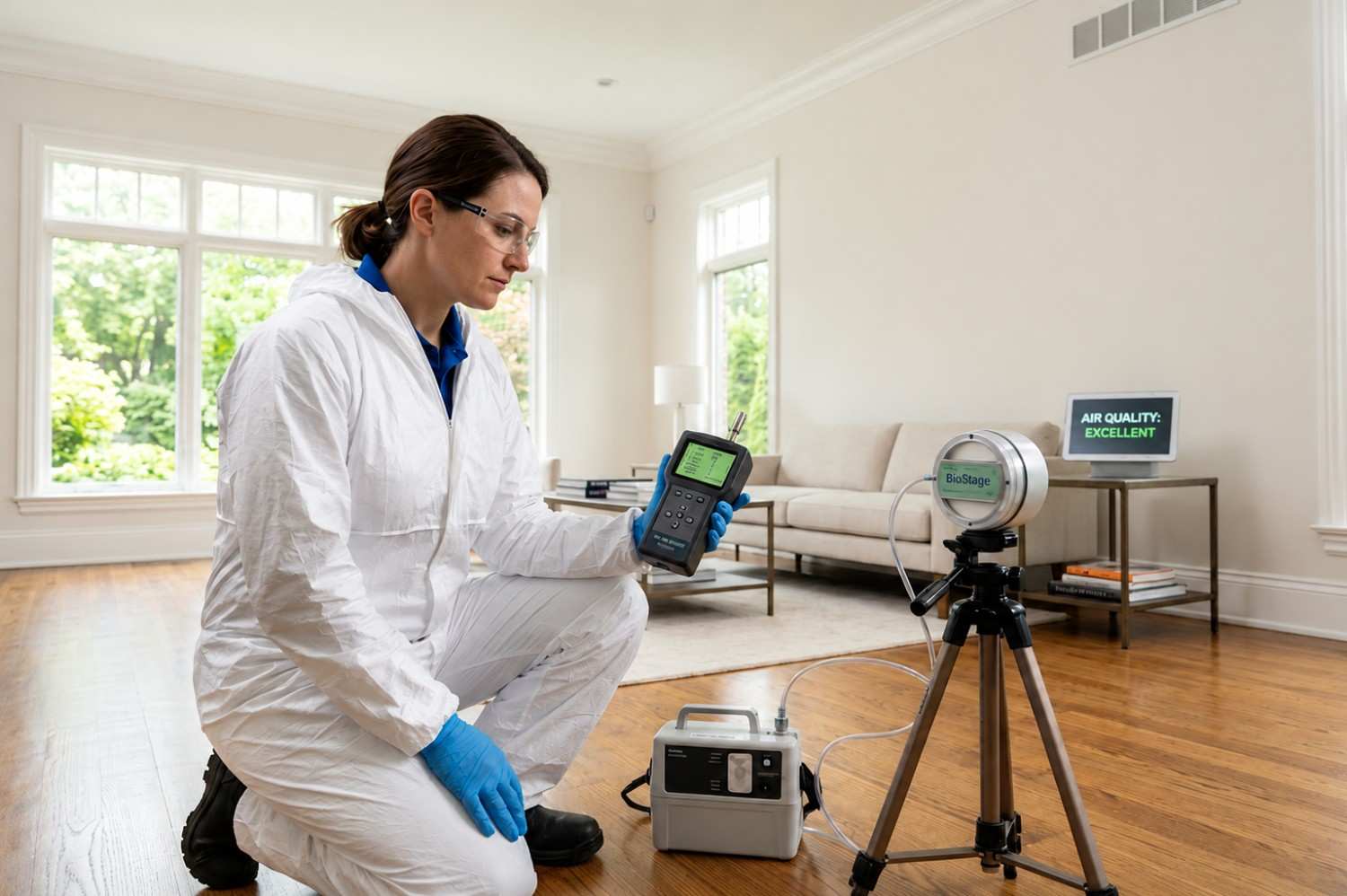 Certified indoor air quality testing specialist conducting mold inspection and environmental monitoring in a residential living room. Professional air sampling equipment and moisture assessment tools help detect mold spores, evaluate indoor air quality, identify contamination risks, and support effective mold remediation and healthy home restoration services.