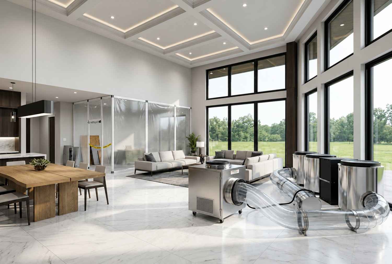 Advanced mold remediation and indoor air purification system operating in a luxury residential home. Commercial HEPA air scrubbers, negative air machines, and containment barriers improve indoor air quality, remove airborne contaminants, and support professional mold removal, water damage restoration, and healthy home environmental remediation services.