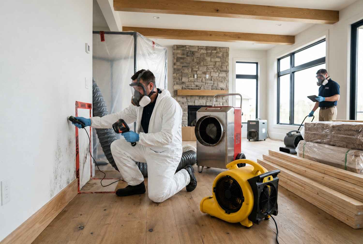 Certified mold remediation technicians inspecting and removing mold growth in a residential home using moisture meters, thermal imaging, air movers, and containment systems. Professional mold removal, water damage restoration, and structural drying services help eliminate contamination, improve indoor air quality, and prevent future mold growth.
