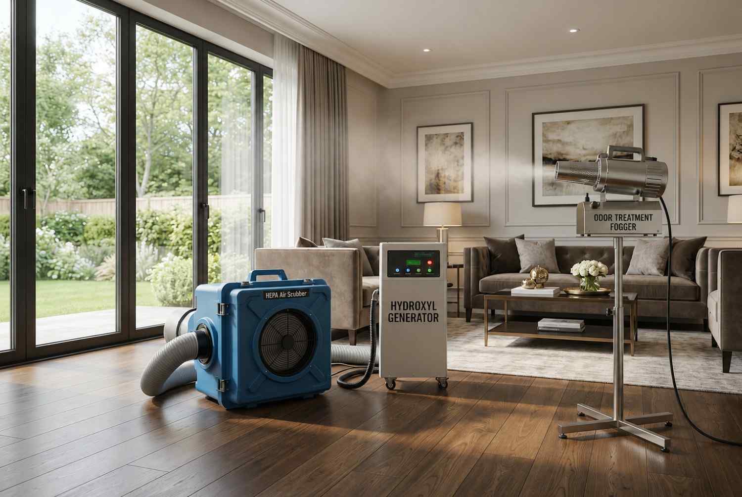 Professional odor removal and air purification service in a residential living room, featuring HEPA air scrubber, hydroxyl generator, and thermal fogging equipment. Advanced odor control and indoor air quality restoration help eliminate smoke, mold, sewage, and water damage odors from residential properties.