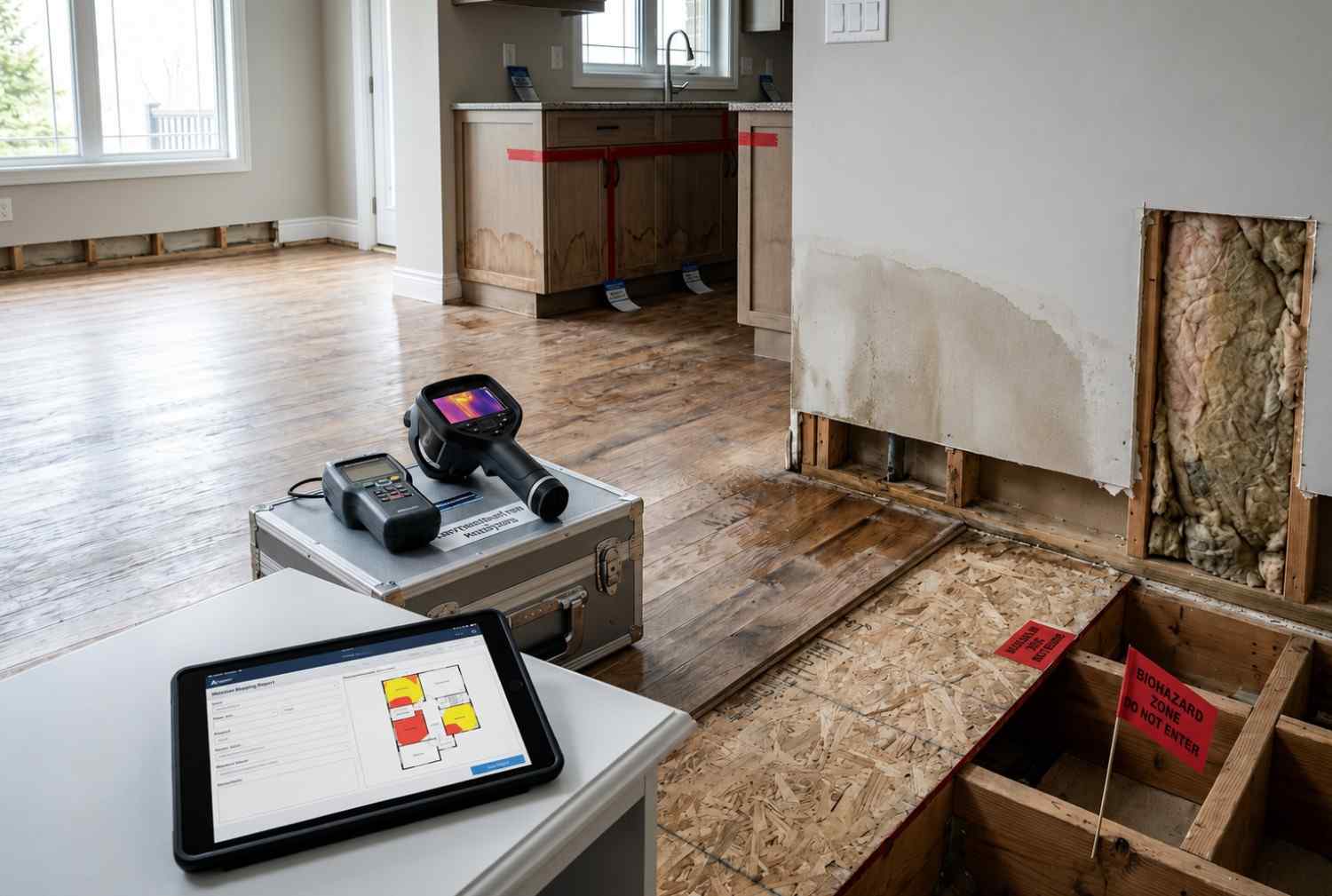 Water damage assessment and mold remediation inspection in a residential property, featuring thermal imaging equipment, moisture meters, contamination testing, and structural drying evaluation. Professional restoration experts identify hidden water damage, mold growth, and affected building materials to support effective property restoration and indoor environmental safety.