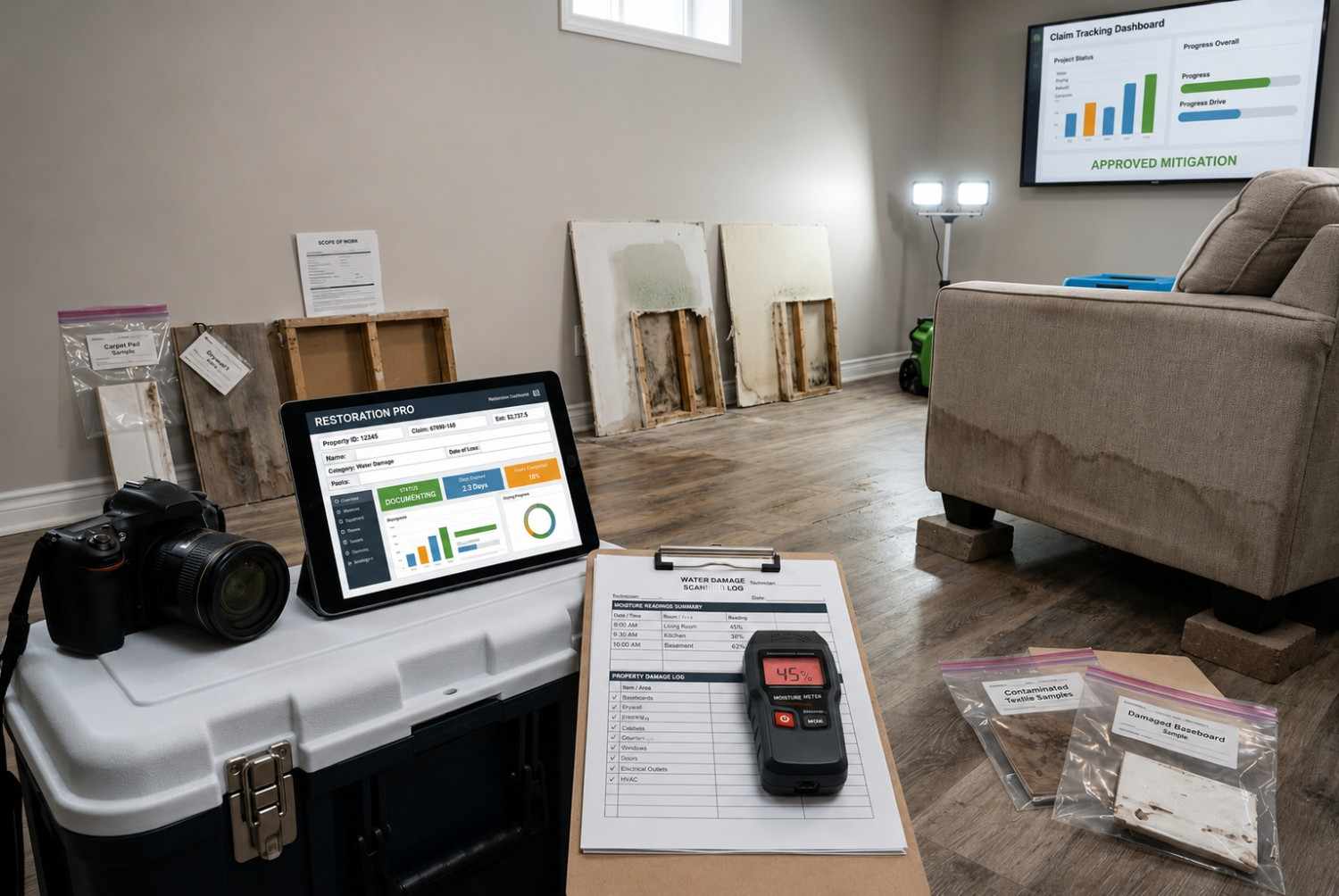 Water damage documentation and insurance claim support in a residential property, featuring moisture testing equipment, damage assessment reports, material sampling, and restoration tracking tools. Professional water mitigation inspection helps document property damage, support insurance claims, and guide efficient restoration after flooding or leaks.
