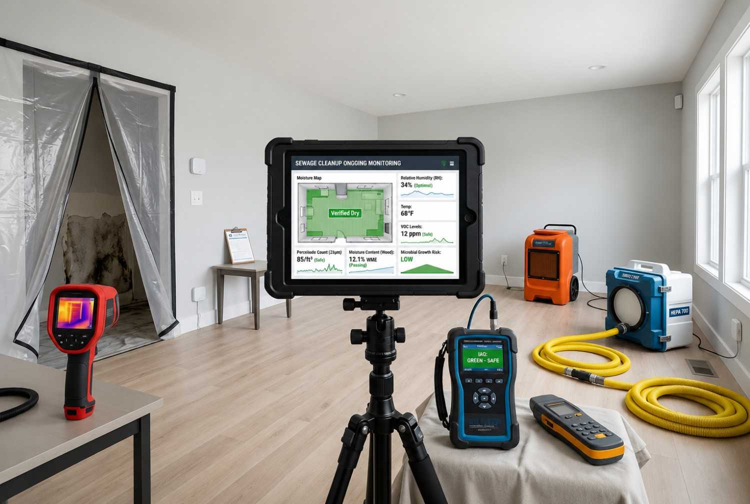 Sewage damage restoration monitoring and moisture assessment in a residential property, featuring thermal imaging cameras, humidity sensors, dehumidifiers, and structural drying equipment. Professional sewage cleanup services track moisture levels, prevent mold growth, verify sanitation, and restore indoor environments after wastewater contamination and water damage.