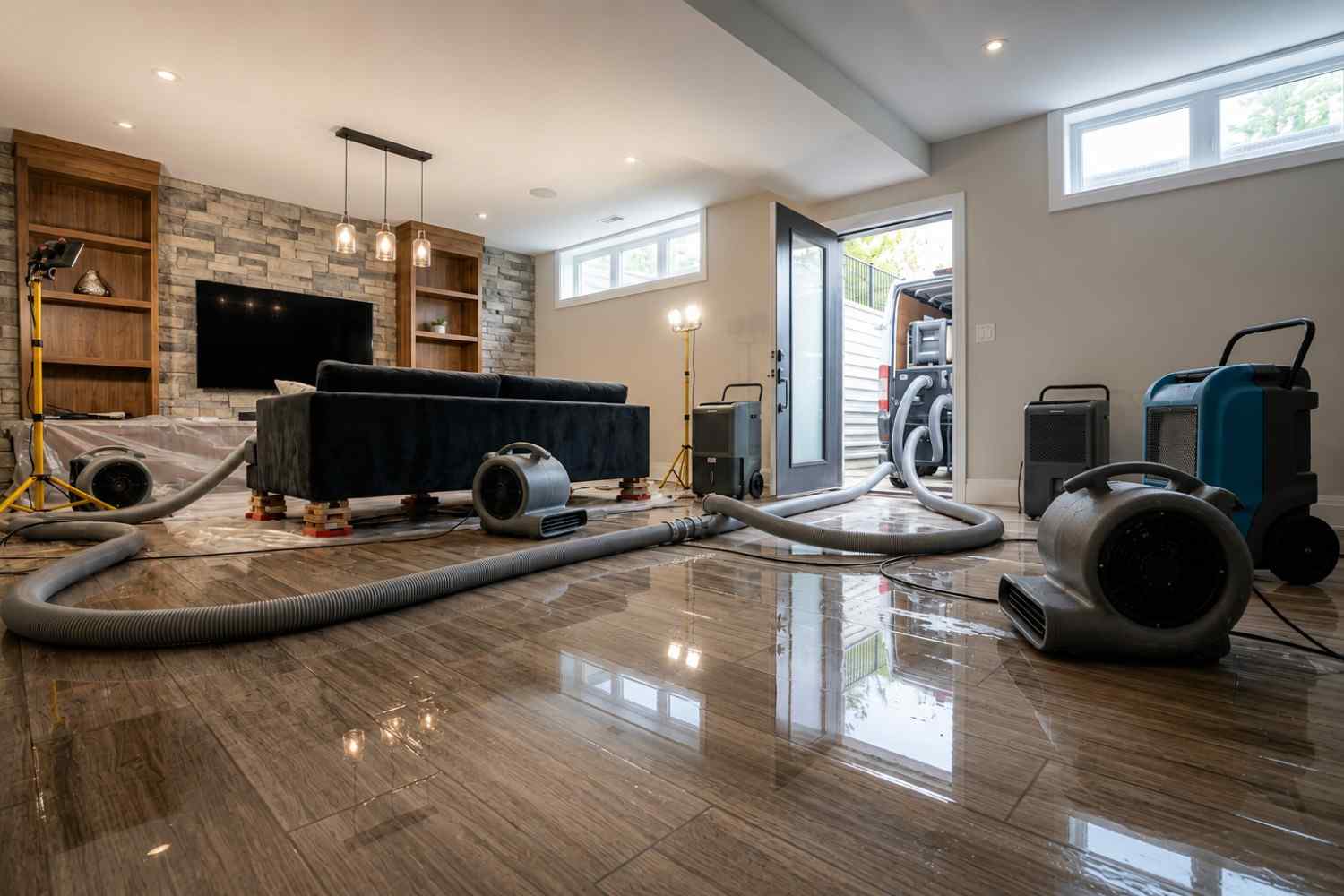 Basement flood cleanup and water damage restoration in a residential home, featuring commercial dehumidifiers, air movers, water extraction equipment, and structural drying systems. Professional water mitigation services remove standing water, dry flooring, prevent mold growth, and restore basement living spaces after flooding or water intrusion.