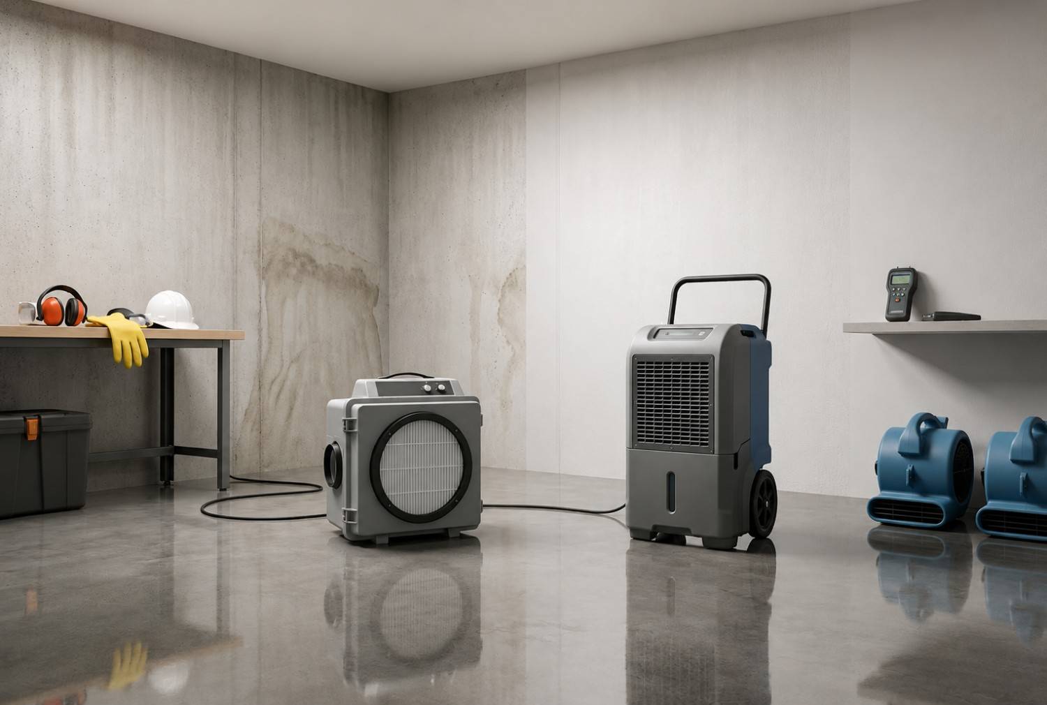 Basement water damage restoration with commercial dehumidifiers and air movers drying concrete surfaces after flooding. Professional water mitigation services remove excess moisture, prevent mold growth, improve indoor air quality, and restore residential basements affected by leaks, groundwater intrusion, or storm-related water damage.