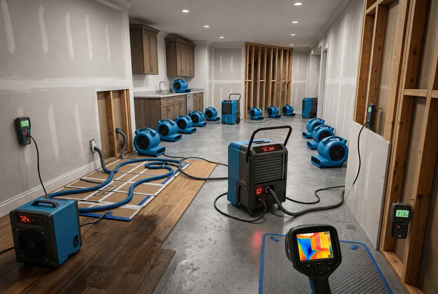 Professional structural drying and water damage restoration in a basement, featuring dehumidifiers, air movers, thermal imaging cameras, moisture mapping, and wall cavity drying systems. Advanced water mitigation services detect hidden moisture, prevent mold growth, and restore residential properties after flooding, leaks, or water intrusion.