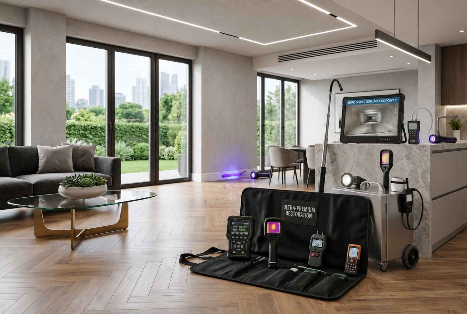 Professional indoor air quality testing and HVAC inspection in a luxury home, featuring thermal imaging cameras, moisture meters, air quality monitors, and duct inspection equipment. Certified restoration specialists assess hidden moisture, mold risks, and ventilation performance to improve indoor air quality and support property restoration.