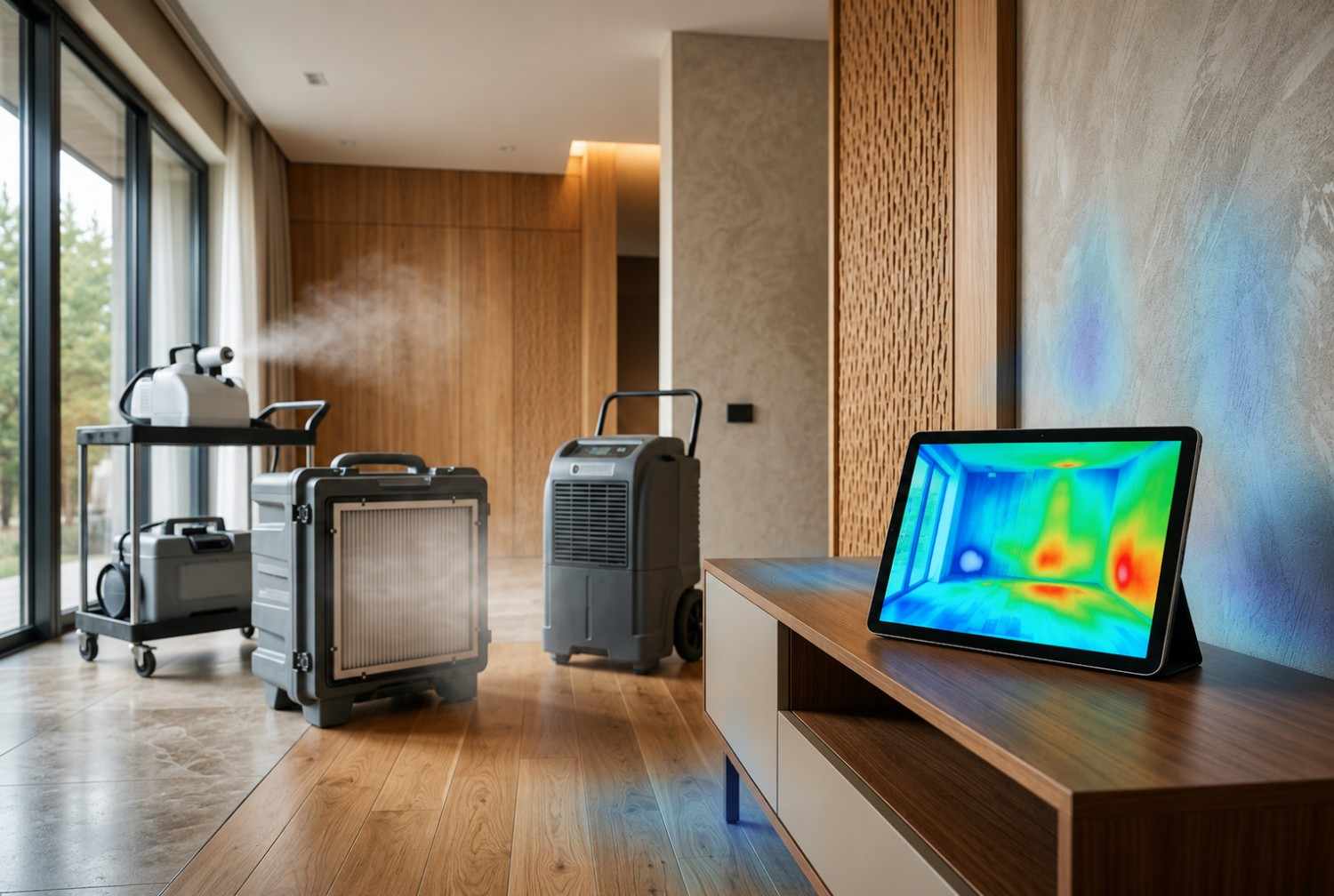 Professional mold inspection and indoor air quality restoration in a luxury home, featuring thermal imaging technology, HEPA air scrubbers, dehumidifiers, and antimicrobial fogging equipment. Certified restoration specialists detect hidden moisture, prevent mold growth, eliminate contaminants, and improve indoor air quality after water damage.