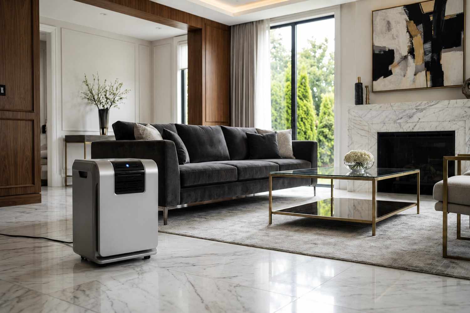 Professional odor removal and indoor air quality restoration in a luxury living room, featuring advanced air purification and deodorization equipment. Expert odor control services eliminate smoke, mold, pet, and water damage odors, improve indoor air quality, and create a cleaner, healthier residential environment.
