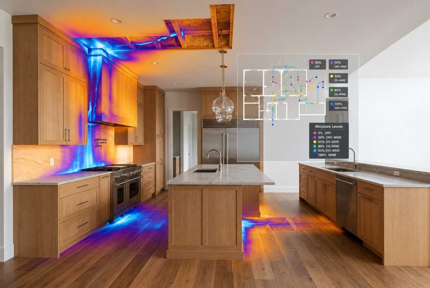 Advanced moisture detection and water damage assessment in a residential kitchen using thermal imaging technology. Infrared moisture mapping identifies hidden water intrusion behind walls, ceilings, and flooring. Professional water damage inspection, leak detection, and restoration services help prevent mold growth, structural damage, and costly repairs in residential properties.