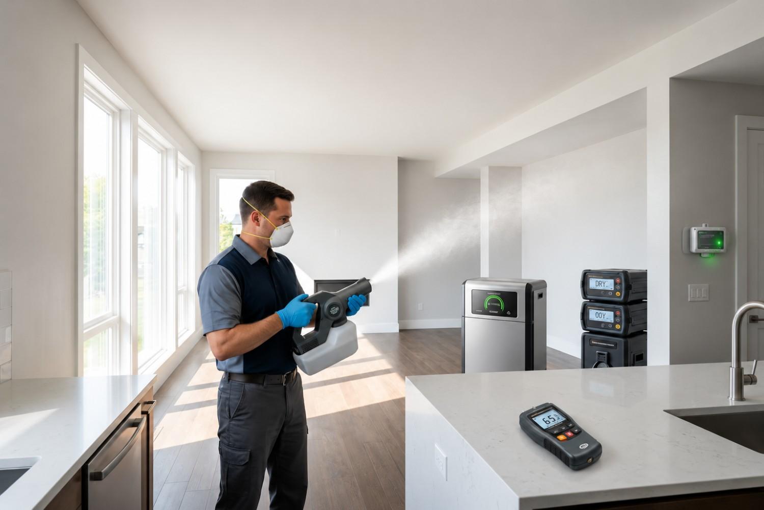 Professional mold remediation and indoor air quality treatment in a residential home using antimicrobial fogging equipment, air purification systems, and moisture monitoring tools. Certified restoration specialists help eliminate mold spores, control humidity, improve air quality, and protect properties from mold growth, water damage, and contamination.