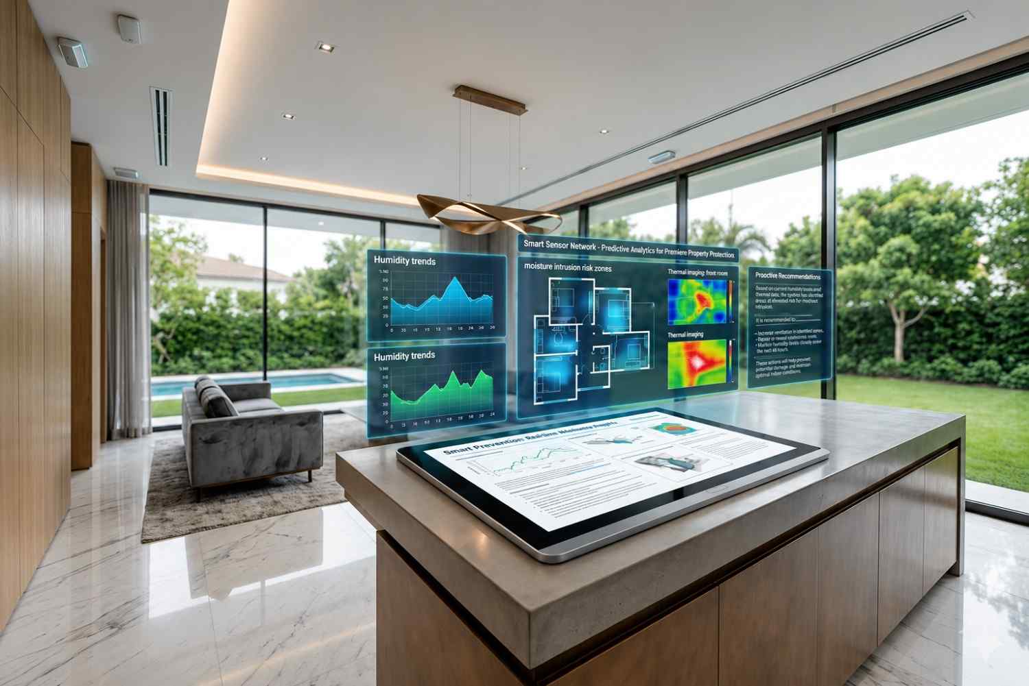 Smart home moisture monitoring system displaying humidity analytics, thermal imaging data, and water intrusion risk assessments in a modern luxury residence. Advanced moisture detection technology helps prevent mold growth, water damage, and indoor air quality issues. Proactive moisture management supports property protection, healthy living environments, and long-term home maintenance.