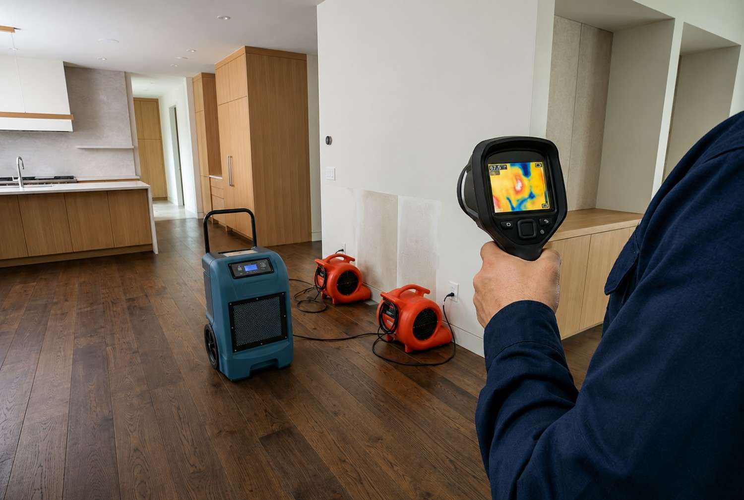Certified water damage restoration technician using thermal imaging to detect hidden moisture inside a residential property. Professional restoration services include moisture mapping, structural drying, dehumidification, and mold prevention. Industrial air movers and dehumidifiers help restore water-damaged floors and walls, minimizing property damage and accelerating recovery after leaks.