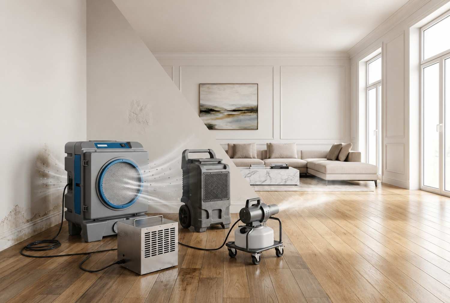 Professional odor removal and indoor air quality restoration service using commercial air scrubbers, dehumidifiers, and odor elimination equipment in a residential living room. Expert odor remediation helps remove smoke, mold, pet, and water damage odors, improving air quality, comfort, and overall indoor environmental health.